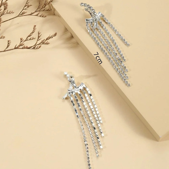 Silver Women's Wedding Long Tassel Rhinestone Earrings formal wedding - Picture 4 of 4